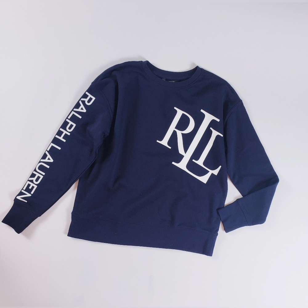 Ralph Lauren Women’s Navy Blue & White Logo Cotton Sweatshirt Crew Neck